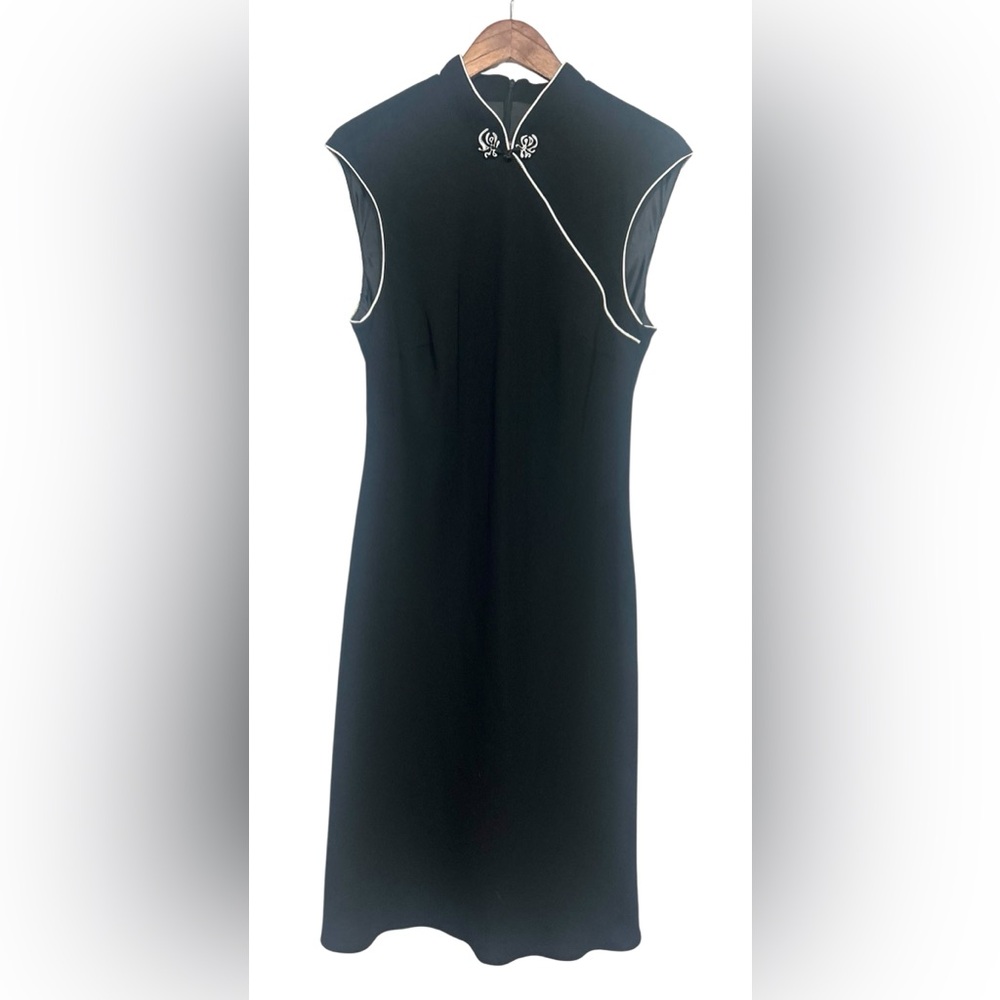 Vintage Evan Picone Black & White Cheongsam Midi Dress Cap Sleeve Size 16 Y2K - Picture 1 of 10